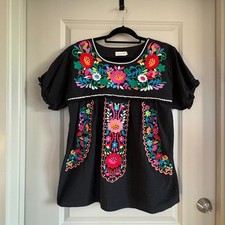 YZXDORWJ Floral Embroidered Mexican Peasant Top Black XXL picture