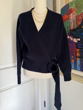 NWT COMMENSE Navy Knit Wrap Sweater Ring Accent Pullover V-Neck Long Sleeve S picture