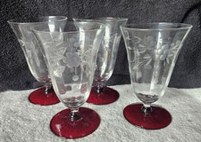 VTG Weston Glass Ruby Red Foot Etched Floral Water Goblets Tumblers Set of 4 picture