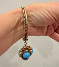 Vintage 800 silver gold washed Double bangle with turquoise glass fob Italy picture