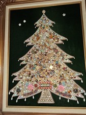 Vintage Christmas Tree Art Collage Made From Jewelry Framed picture