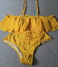 CUPSHE Women's Sz XL Yellow Off Shoulder Ruffle One Piece Swimsuit Lace Up NWT picture