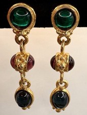 VTG 80s Mogul Clip Dangle Drop Earrings Multicolor Gripoix Style Glass Cabochon picture