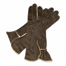 Vintage 1940s Womens Brown Suede Opera Gauntlet Gloves Gold Trim Formal Evening picture
