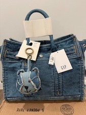 GAP Denim Five Pocket Tote Medium Wash Standard Sz w/ Patchwork Bear Charm NWT picture