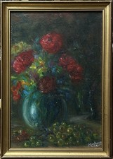Antique Flowers Bouquet Original Oil Painting on Hardboard, Signed, Framed picture