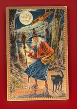 Antique Tuck Halloween Postcard Witch Broom Black Cat Moon Owl Bat Tree 1909 picture