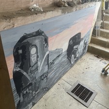 Huge Original Artwork GG1 Train And Antique Vehicle Scene  4x8 Feet picture