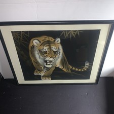 Asian Tiger Silk Painting Hand Painted Signed Framed Bamboo Wildlife Art picture
