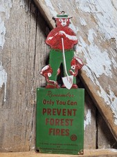 VINTAGE SMOKEY BEAR PORCELAIN SIGN OLD US FOREST SERVICE NATIONAL PARK FIRE HIKE picture