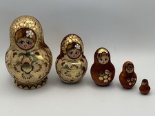 Vintage Russian Matryoshka Nesting Dolls 5-PC 3” Hand Painted Gold Floral Art picture