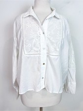 ZARA WHITE BUTTON FRONT LONG SLEEVE FLORAL EYELET BLOUSE WOMENS SZ XL picture