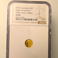 2026 Ascension G£5 Gold Queen Elizabeth II 100th Birth Anniv NGC PF69 picture