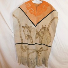 Vtg Western Cowboy Cowgirl Suede Poncho Serape Cape Rodeo Horses Fringe Mexico picture