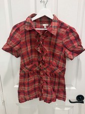Y2K Vintage Odille archival Anthropologie Tartan Plaid Ruffle Top Sz 10 button  picture