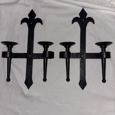 Pair Antique / Vintage Wrought Iron Wall Candle Sconces  |  Heavy Fleur-De-Lis picture