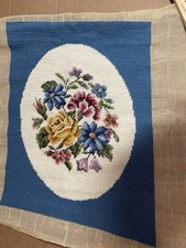 Vintage Handmade Needlepoint Floral Design Blue/Ivory Background, Wool, Unframed picture