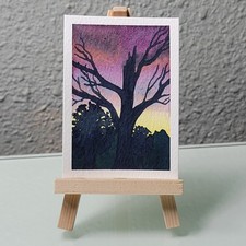 ACEO Original Watercolor Painting Spooky Tree Purple Sunset ATC KatieBearDesigns picture