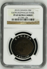 CANADA -SPECTACULAR RARE NGC GRADED EUOPLOCEPHALUS FOSSIL SILVER 4 DOLLARS, 2010 picture