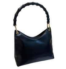 Vintage GUCCI Bamboo Hand Bag Sholder Bag Leather Black From Japan Authentic 054 picture