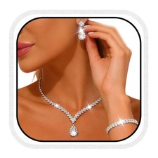CLOACE Rhinestone Wedding Jewelry Set Silver Sparkly Earrings Bracelet Prom Neck picture