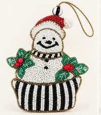 MacKenzie-Childs Beaded Snowman with Courtly Check Fabric Ornament- New  picture