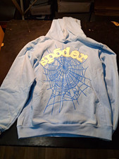 sp5der Men's Blue Spider Web Graphic Pullover Fleece Hoodie Pockets Size S picture