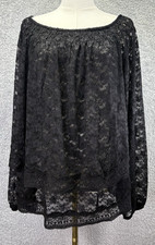 Festi Womens M/L Black Sheer Lace Top Open Back Balloon Sleeve Whimsigoth Boho picture