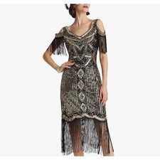 NEW Babeyond Black Gold Sequin Fringe Flapper Dress Great Gatsby NWT Small picture