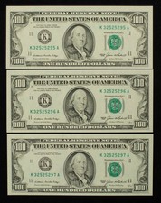 3 Consecutive 1985 $100 FRN Federal Reserve Notes - FR 2171K - UNC - SKU-CA2123 picture