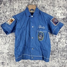 Vintage 60s 70s Hilton Blue Chain Stitch Patch Kids Button Down Bowling Shirt picture