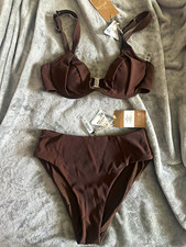 Berrlook Brown Ribbed Recycled Nylon High-Waisted Bikini 2-Piece Set S picture