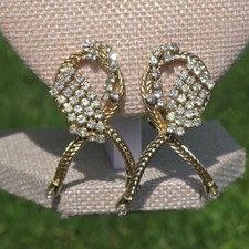 Vintage Signed Hobe Rhinestone Dangle Clip On Earrings Gold Tone Statement 1950s picture