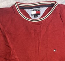 Vtg 90s Tommy Hilfiger T Shirt Decorative Collar Big Care Tag Red  Sz Medium picture