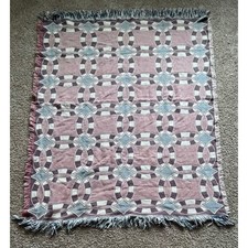 Vintage Woven Tapestry Throw Blanket Double Wedding Ring Quilt Mauve Blue 60x48 picture