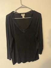 Chico's Travelers Shirt Size 2 Tunic Top Black Slinky Knit Lace Trim Pullover picture