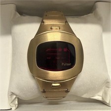 Vintage Pulsar P4 Gold Tone LED Digital Quartz Wristwatch Bracelet w/ Box picture
