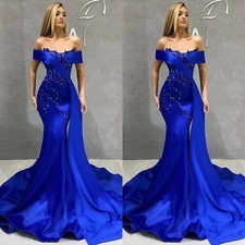 Royal Blue Mermaid Prom Dress Beaded Satin Formal Elegant Evening Party Gown picture