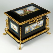 Antique French Wood Jewelry Box Hand Painted Porcelain Plaques Gilt Bronze picture