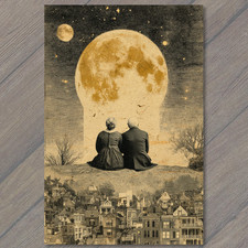 POSTCARD Elderly Couple Watching Giant Moon Surreal Night City Romance picture