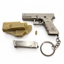 Mini Metal Gun/Pistol Key Chain w/ Tan Holster, Detachable Key Ring, Glock 17 picture