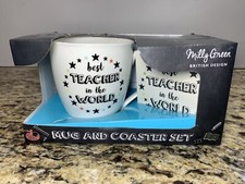 MILLY GREEN British Design Best Teacher in the World Mug Coaster GIFT Set NEW picture