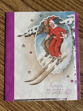 Vintage 1924-30s Ski Christmas Greeting Card Man & Woman Skiing Made in USA Used picture