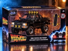 JADA 1:24 1985 TOYOTA SR5 PICKUP BACK TO THE FUTURE  + SKATEBOARD. New In Box picture