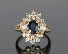 $2,500 EFFY 14K Yellow Gold Oval Blue Sapphire Baguette Diamond Ring Band 4.5 picture
