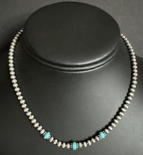 Sterling Silver 4mm Pearls with Turquoise Bead Necklace Choker. 14 inch picture