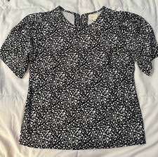 Melloday Womens XL Black White Floral Short Sleeve Blouse Exposed Back Zip Top picture