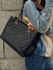 Chanel GST Black Caviar Quilted Leather Gold Chain Shoulder Tote Handbag picture