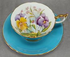 Vintage Aynsley Pansy Pattern Turquoise Signed G Bentley Bone China Cup & Saucer picture