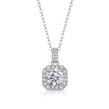 Fifty8 Square Moissanite Pendant Necklace 925 Silver CZ Halo Dawn Light picture